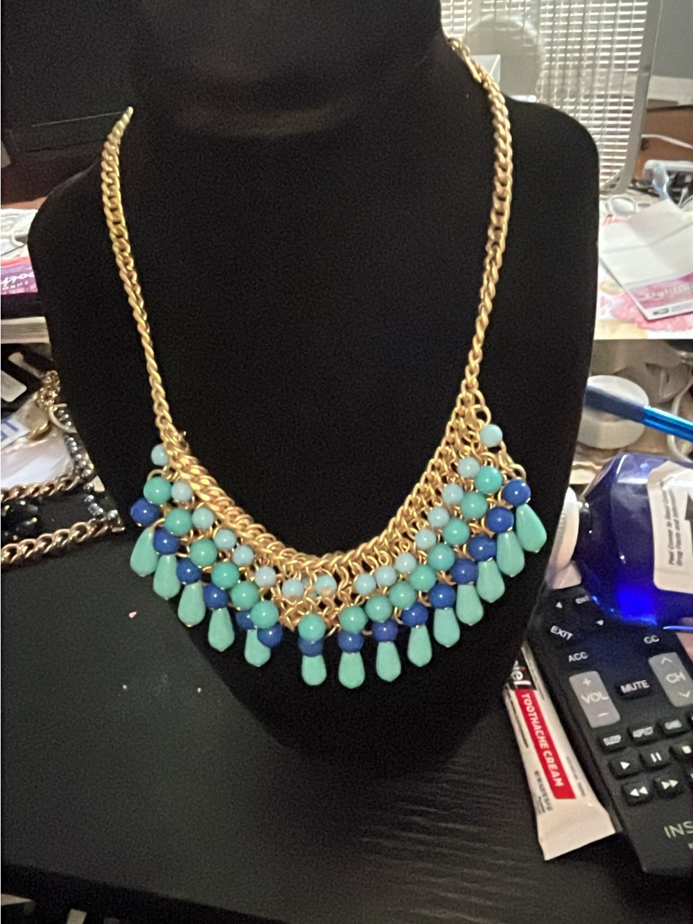 Robert Rose Gold Statement Necklace with Aqua and Blue Beads